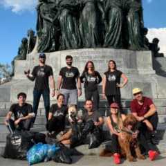 Employees regrouped after cleaning tash on Mount Royal in Montreal